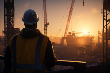A construction worker in a hard hat observing a towering construction crane at the job site. Ai generated - obrazy, fototapety, plakaty