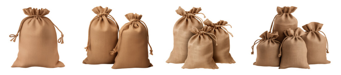 Set of burlap sack bag, cut out - stock png. - obrazy, fototapety, plakaty