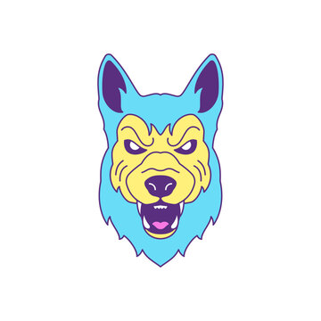 Y2k psychedelic angry wolf muzzle comic cartoon character groovy style icon vector flat illustration