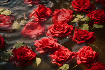 Beautiful Red Roses Floating On Water. Love, Romance Concept, Generative AI