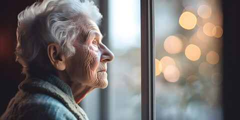 Face of lonely upset senior woman looking through window of nursing house and waiting for family meeting - obrazy, fototapety, plakaty