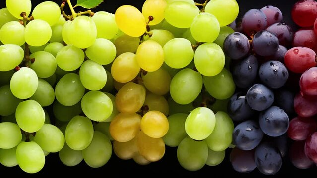 AI generated animation of different varieties of grapes moving on black background. High quality 4k footage
