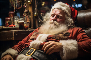 Funny illustration of a drunk Santa Claus enjoying a drink. Ai generated