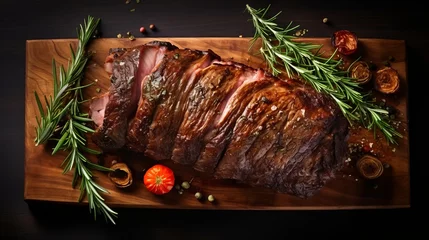 Poster Christmas prime rib beef fillet roasted closeup, Xmas menu on table © Rawf8
