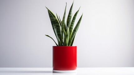 A tall snake plant, with its upright leaves, set in a bold red pot, offering a minimalist yet striking presence against a clean white backdrop.