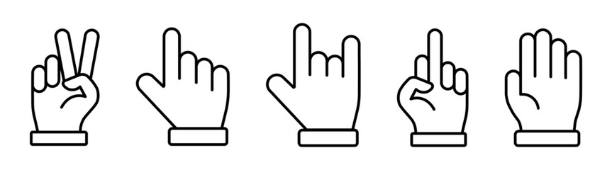 Obraz premium Hand cursor, peace, hand gestures, signals vector line icons set
