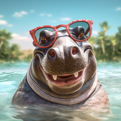 portrait of a hippopotamus on a beach wearing sunglasses. Generative AI.
