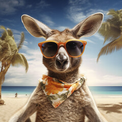 portrait of a kangaroo on a beach wearing sunglasses. Generative AI.