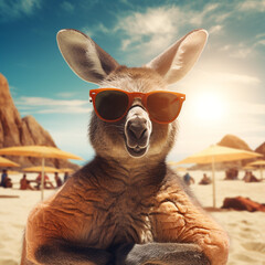 portrait of a kangaroo on a beach wearing sunglasses. Generative AI.