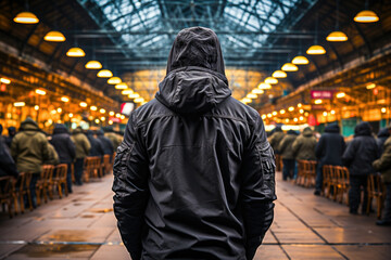 Man in black hoodie full body , people on background , Generative Ai