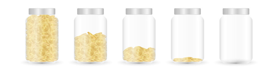 Money Jar or Money Bottle. Glass Jar with Coins. Growing Money, Saving and Investment Concept. 