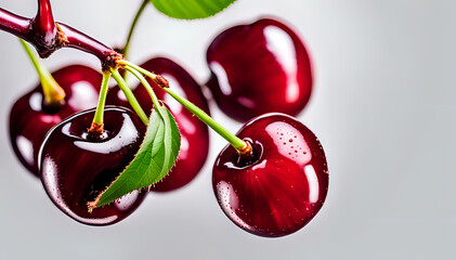 Cherry fruit with green leaves in a set composition of food photography - obrazy, fototapety, plakaty
