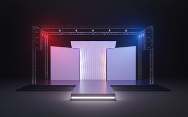 Empty stage Design for mockup and corporate identity, 
Display. Platform elements in hall. Blank screen system for Graphic Resources. Event Stage design for business conferences. 3D Rendering