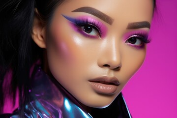 A close up of a asian woman with pink makeup, creative makeup, colorful rave makeup, cyberpunk make-up, Generative Ai