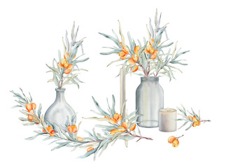 Composition of sea buckthorn branches with berries and a glass vase. Painting art of jar and candle. Watercolor hand drawing illustration on isolate white background. For design home products - obrazy, fototapety, plakaty