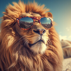 portrait of a lion on a beach wearing sunglasses. Generative AI.
