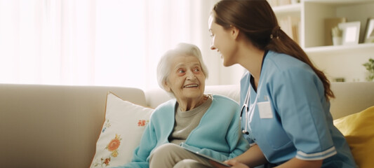 Obraz premium Senior care, nurse helping senior patient for medical help, healthcare or physiotherapy, volunteer caregiver nursing home for disability rehabilitation
