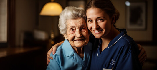 Senior care, nurse helping senior patient for medical help, healthcare or physiotherapy, volunteer caregiver nursing home for disability rehabilitation - obrazy, fototapety, plakaty