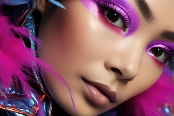 A close up of a asian woman with pink makeup, creative makeup, colorful rave makeup, cyberpunk make-up, Generative Ai