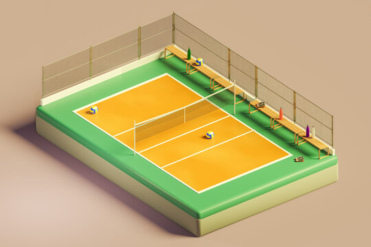 3D isometric render of volleyball court with net and balls
