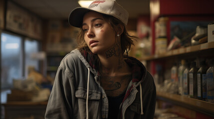 Portrait of Tattooed Woman with Trucker Vibe at Gas Station, Concept of Bold Individuality and Edgy Style in Unconventional Settings - obrazy, fototapety, plakaty