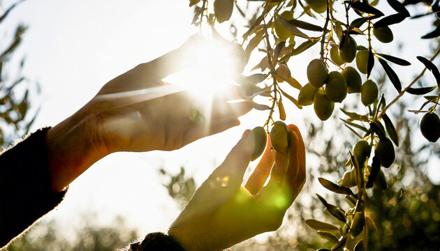 Hands harvesting olives