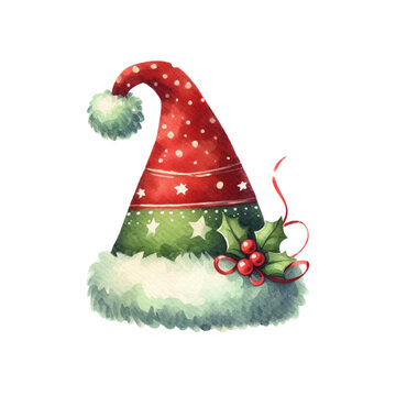 Christmas hat watercolor 3d illustration. This image is perfect for Christmas cards or invitations. Winter holiday hat watercolor red and green.No background