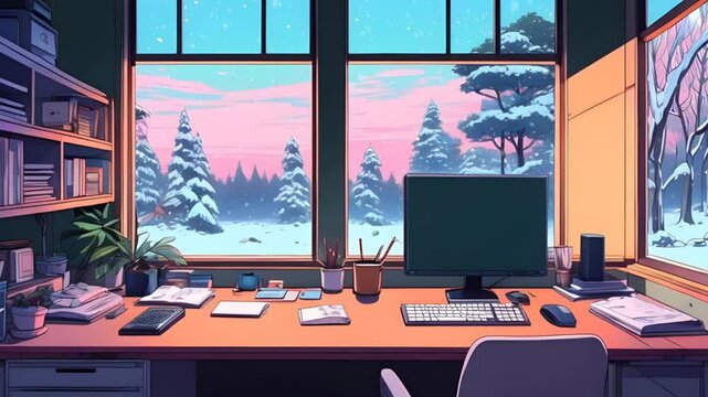 luxury living room, animated virtual background, stream overlay loop, the work space faces the window with background of snowfall, lofi hip hop music anime relaxed atmospheric, Looping Video Animated.