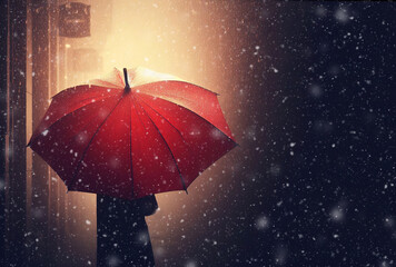 umbrella snow rain storm in the night dark background red umbrella - ai generated - obrazy, fototapety, plakaty