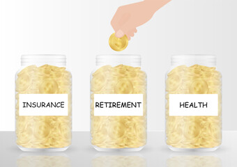 Hand Putting Coin in Money Jar. Glass Jar with Coins. Growing Money, Saving and Investment Concept. 