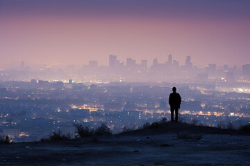 Fototapeta premium A man standing on top of a hill overlooking a city