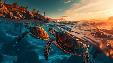 Sea turtles swim in the beautiful blue ocean