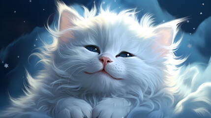 Fototapeta premium Cartoon kid cat sleep at night, wake up at morning.
