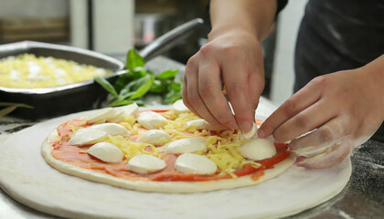 Obraz na płótnie Canvas Hands making a pizza