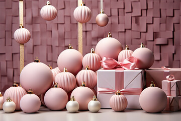 A pile of pink christmas ornaments next to a wall