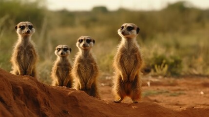 Meerkat family in the African savanna. Wilderness Concept. Wildlife Concept. - obrazy, fototapety, plakaty