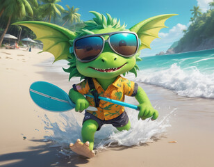 Green little dragon swims in the sea, skis and lies on the beach in dark glasses, shorts and a beach shirt