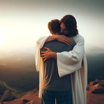 Jesus embracing young man in arms