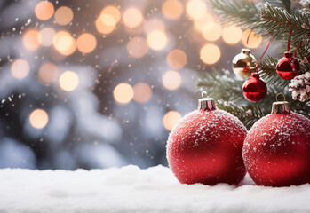 Fototapeta na wymiar Decorações vermelhas e verdes de Natal na neve com galhos de árvores de abeto e luzes de Natal