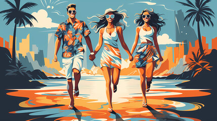 A couple in love walks along the beach in sunset or day. Cartoon illustration. Beach Wallpaper.