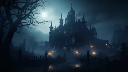 Zelfklevend Fotobehang Spooky old gothic castle foggy night haunted © Affia
