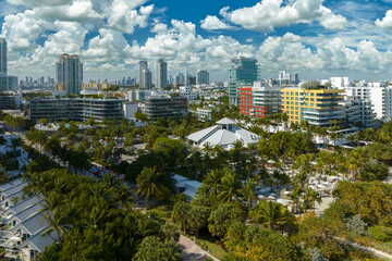 Obraz premium Miami Beach city American southern architecture. South Beach high luxurious hotels and apartment buildings. Tourist infrastructure in southern Florida, USA