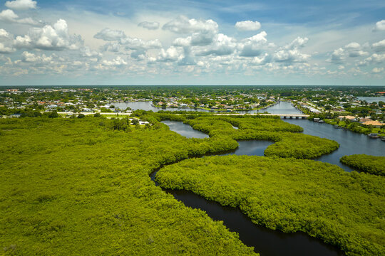 Overhead view of Everglades swamp with green vegetation between water inlets and rural private houses. Natural habitat of many tropical species in Florida wetlands
