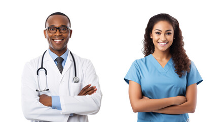 doctor and nurse showing pride in his profession or job, arms crossed, isolated on a transparent background, a professional African American doctor with a Stethoscope and Midwife uniform image PNG - obrazy, fototapety, plakaty