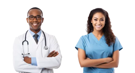 Poster doctor and nurse showing pride in his profession or job, arms crossed, isolated on a transparent background, a professional African American doctor with a Stethoscope and Midwife uniform image PNG © graphicbeezstock
