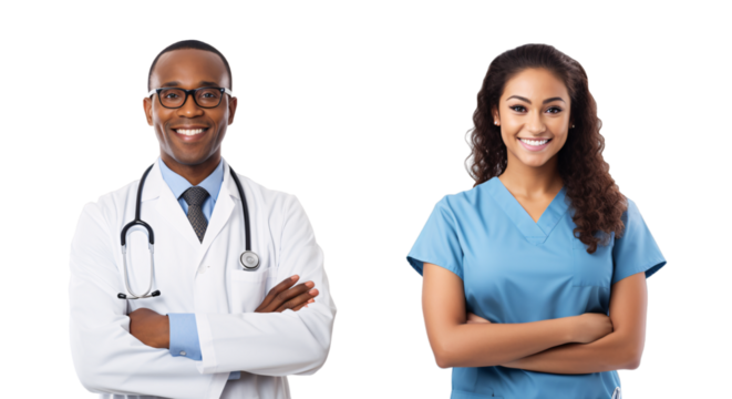 doctor and nurse showing pride in his profession or job, arms crossed, isolated on a transparent background, a professional African American doctor with a Stethoscope and Midwife uniform image PNG