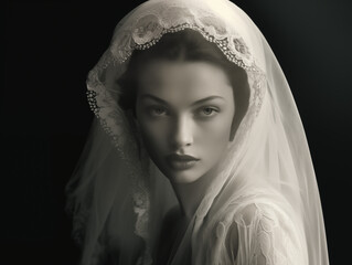 Portrait of a beautiful woman in the style of fashion film noir black and white photography, romantic soft focus, in a dark background
