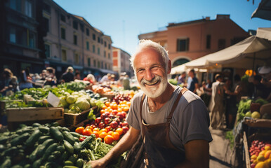 Fototapeta na wymiar Open-air market in summer, a traditional fruit and vegetable vendor smiles at the camera in front of his stall in the sun. Southern Italy. Generative ai