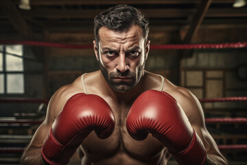Fototapeta na wymiar Portrait of a strong muscular boxer in boxing gloves in the ring before a fight