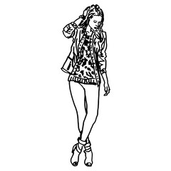 Standing pretty young woman with crossed legs touching her head. Fancy modern girl wearing leggings. Hand drawn linear doodle rough sketch. Black and white silhouette.